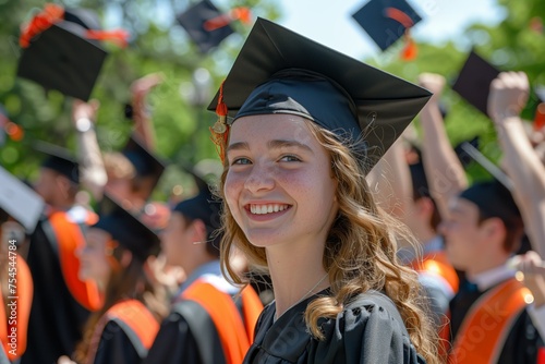 Young  blonde women university graduate in black gown. Students throw up their graduation caps.
