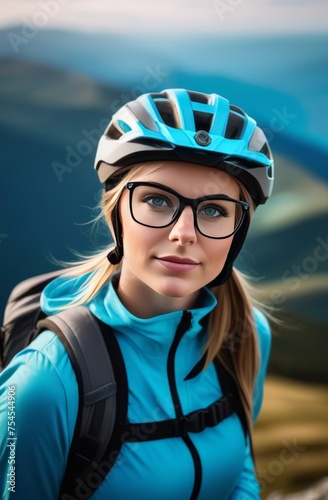 Woman wearing helmet and glasses stands confidently before towering mountain backdrop ready for adventure and exploration.She may be gearing up for bicycle ride or some other outdoor activity.