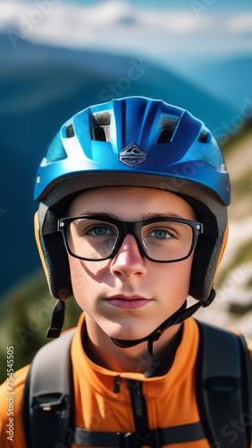 Young boy wearing helmet and glasses stands confidently before towering mountain backdrop ready for adventure and exploration. He may be gearing up for bicycle ride or some other outdoor activity. © Anzelika