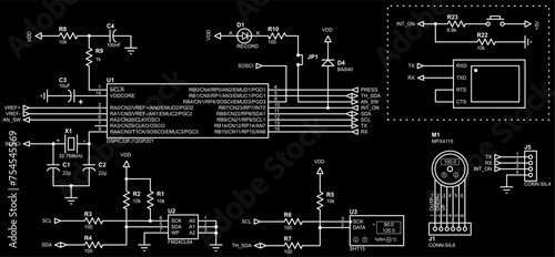 Vector electrical
schematic diagram of electronic device. 
Connection of conductors and components (motor, 
integrated circuit, sensor, led, resistor, capacitor) 
to microcontroller. Electric template