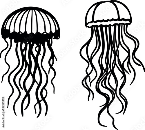 Sea creatures. marine style.  jellyfish. Black and white layout for laser cutting on wood and vinyl. Wall decoration for a stylish room. photo