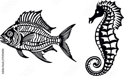 Sea creatures. marine style. Fish skeleton, jellyfish, seahorse. Black and white layout for laser cutting on wood and vinyl. Wall decoration for a stylish room.