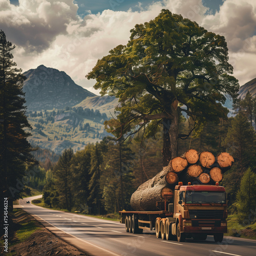 Truck carrying large trees and wood for construction in its cargo area