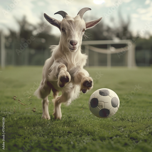 A goat kicking a classic soccer ball on a green pitch, illustration of the best soccer player in the world