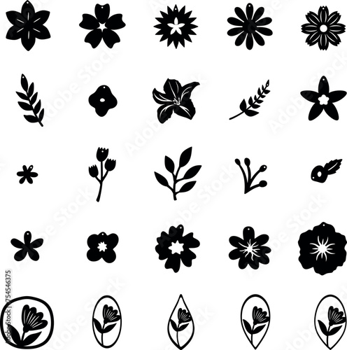 Set of black silhouettes of flowers and plants. Vector illustration. Minimalist collection of flowers, in boho style. Laser cutting, mock-up of earrings and designs