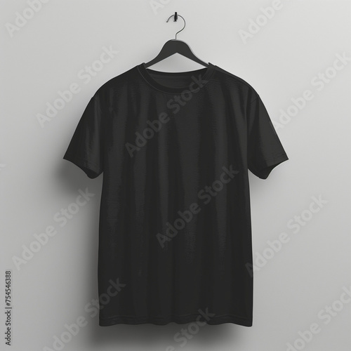 Black, blank T-shirt on a hook in front of a gray wall