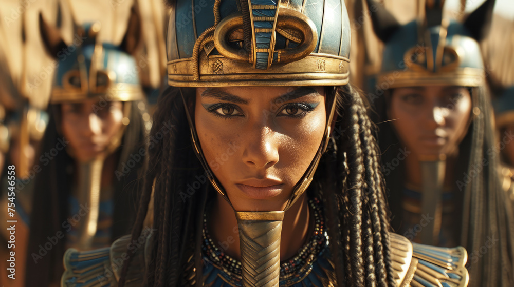 Ancient Egyptian army of elite female warriors with golden helmets.