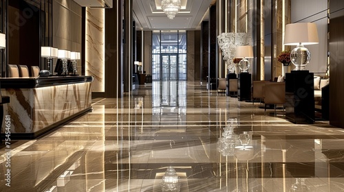 The symmetry of the lobby is highlighted by the gleaming marble floor stretching towards the reception desk,