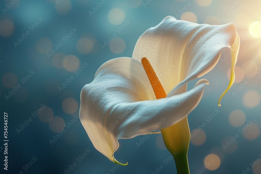A white flower with a yellow stem is the main focus of the image - obrazy, fototapety, plakaty 