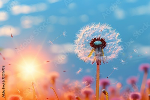 A dandelion is in the foreground of a field of flowers