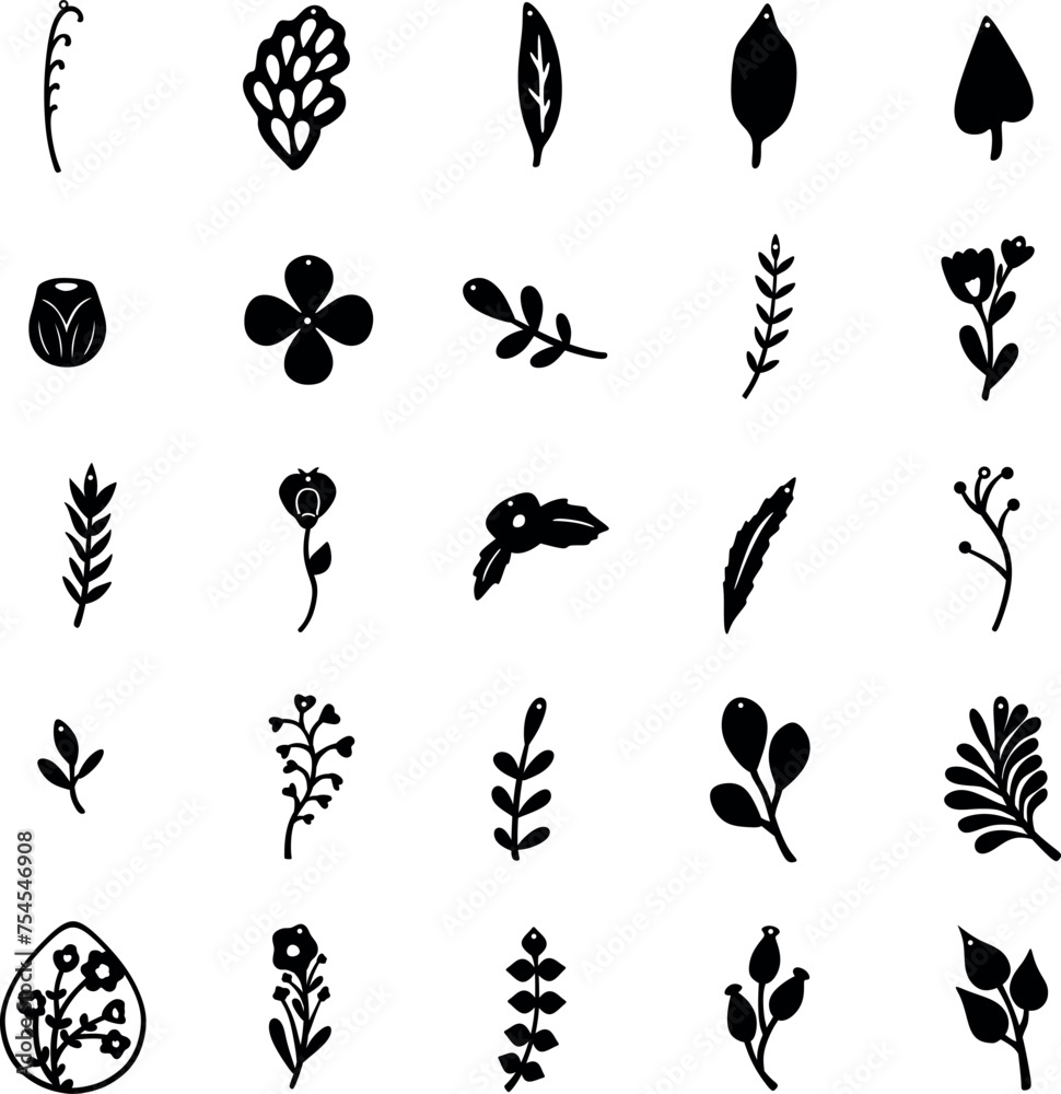 Set of black silhouettes of flowers and plants. Vector illustration. Minimalist collection of flowers, in boho style. Laser cutting, mock-up of earrings and designs Set of black silhouettes of flowers and plants. Vector illustration. Minimalist collection of flowers, in boho style. Laser cutting, mock-up of earrings and designs