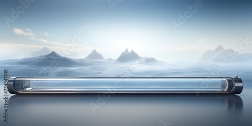 Gaming header concept. Gaming header glass interface with futuristic screen, cloudy mountains background.