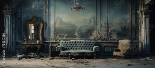 A room featuring a couch and a mirror. The couch is positioned in the center of the room, while the mirror hangs on the wall opposite the couch. The room appears abandoned,