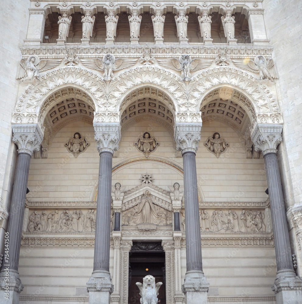 Front view of Basilica of Notre-Dame de Fourviere in Lyon city, France