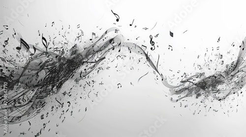 Dynamic music including notes, dividers, sharps and flats, illustrated in black and white. The contrast and movement separated from the white background creates a sense of rhythm and harmony.