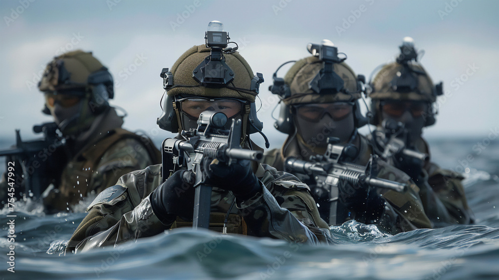 a team of soldiers of the special division of the sea fir, on a mission. a frame demonstrating the power and strength of the military forces. Generative AI - obrazy, fototapety, plakaty 