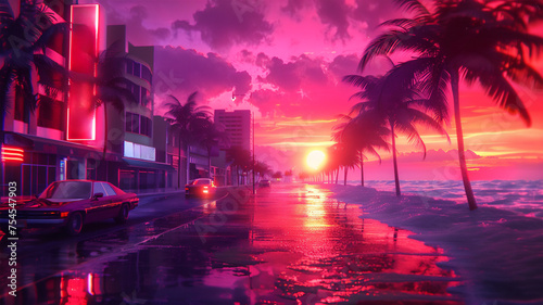 Vice City in the 1984 year, the beachside drenched in the sunset hues. Generative AI photo