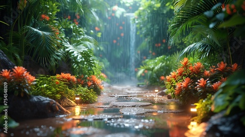 tropical forest waterfall with palm trees. 3 d rendering illustration