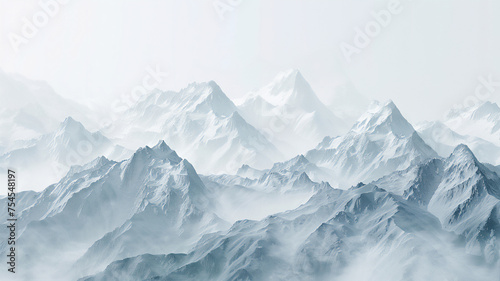 Thick silver filigree contours of various Himalayan mountain ranges come alive as the fog recedes, delicate stylized patchwork. Generative AI