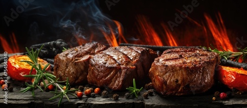 Flames sizzle as steak grills on barbecue - Succulent beef cooking with fire in background