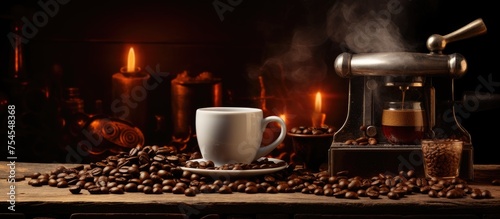 Steaming Coffee Pot and Cup on Wooden Table in Cozy Home Setting