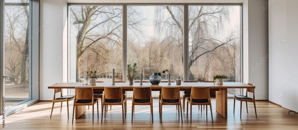 A dining room featuring a long wooden table surrounded by chairs, placed by a window in a modern apartment. The room includes a mirror and white walls. A dining room featuring a long wooden table surrounded by chairs, placed by a window in a modern apartment. The room includes a mirror and white walls.