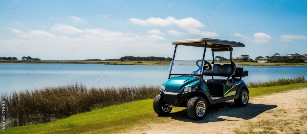 Scenic View of a Golf Cart Resting on a Path Near a Serene Lake