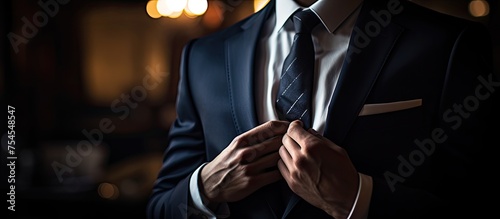Confident businessman adjusting elegant tie before important meeting in a sleek office setting