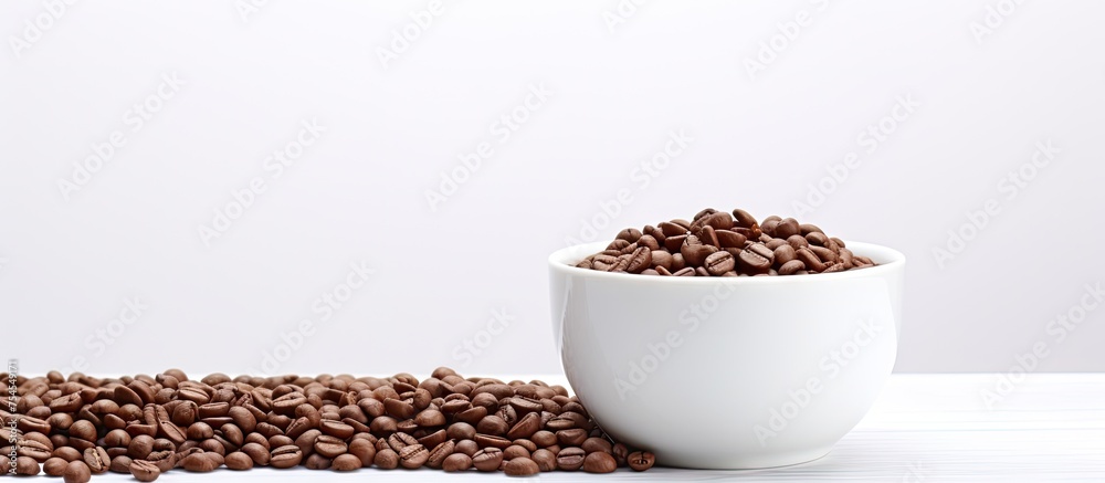 Aromatic Roasted Coffee Beans in a Classic White Cup for Morning Beverage Aromatic Roasted Coffee Beans in a Classic White Cup for Morning Beverage
