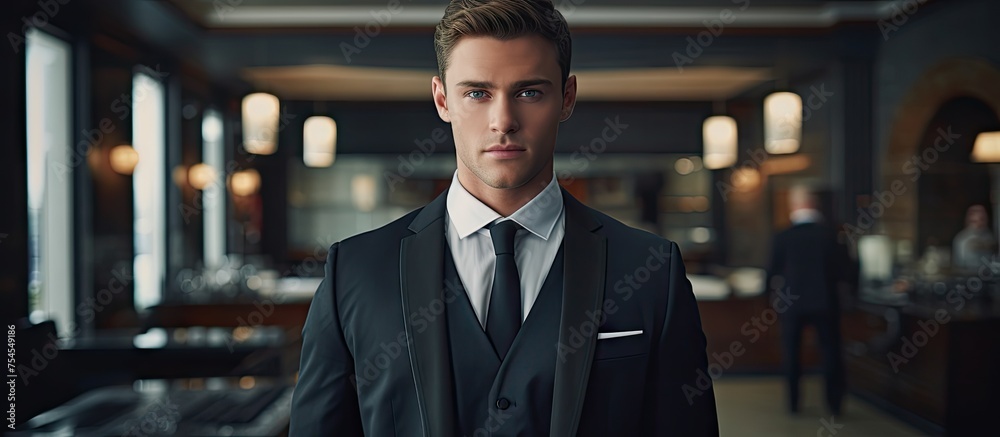 Fototapeta premium Confident Businessman in Elegant Attire Posing in Modern Office Environment