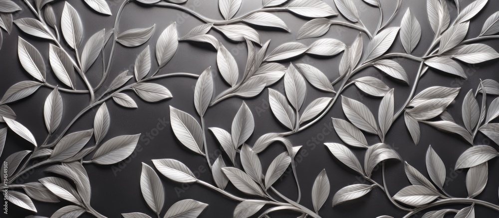 Elegant Silver Leaves Design Adorning a Stylish Textured Wall Background Elegant Silver Leaves Design Adorning a Stylish Textured Wall Background