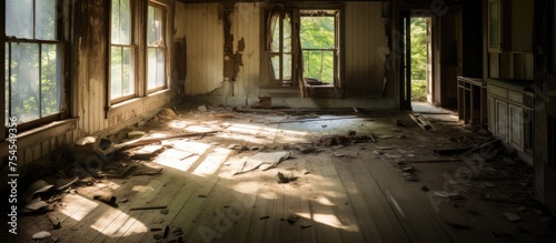 An abandoned room with numerous windows letting in natural light. The empty space is neglected and in disrepair  with a sense of abandonment.