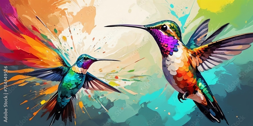 Fototapeta premium Hummingbird with colorful splashes.