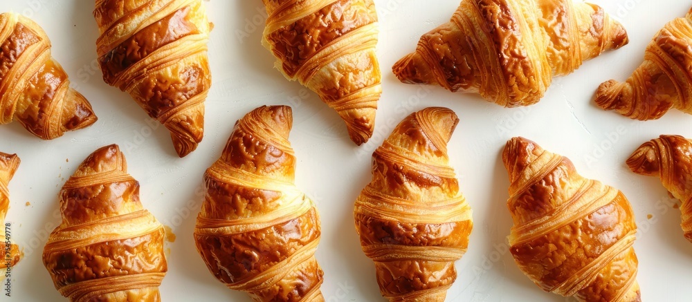 A close-up view of multiple croissants neatly arranged on a plain white surface. The golden-brown pastries are freshly baked and ready to be enjoyed.