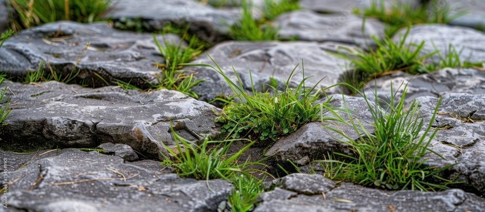 A cluster of rocks covered in patches of green grass growing out of them. A cluster of rocks covered in patches of green grass growing out of them.