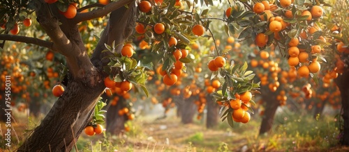An orange tree heavily laden with ripe oranges in a sunny orchard.