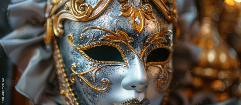 An intricate silver mask is displayed, showcasing detailed craftsmanship and design up close. An intricate silver mask is displayed, showcasing detailed craftsmanship and design up close.