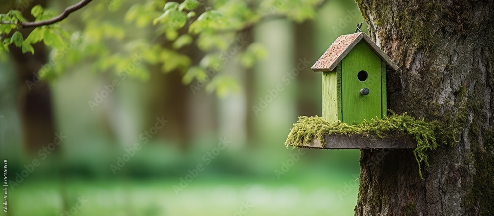 Whimsical Birdhouse Adorned on a Hanging Tree Branch in a Peaceful Garden Setting Whimsical Birdhouse Adorned on a Hanging Tree Branch in a Peaceful Garden Setting