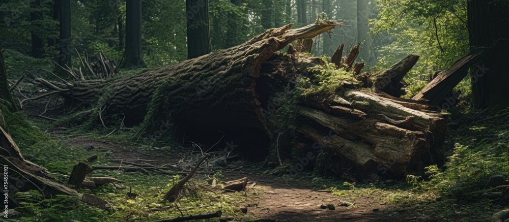 Majestic Fallen Tree Surrounded by Dense Forest Wilderness and Sunlight Beams Majestic Fallen Tree Surrounded by Dense Forest Wilderness and Sunlight Beams