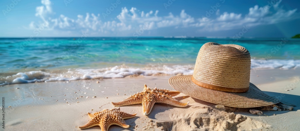 A straw hat and a starfish are placed on the sandy beach, under the sun. - obrazy, fototapety, plakaty 