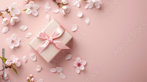 A ribbon-lace gift box with a beautiful pink theme and strewn with flowers. Generate AI image © Ghiska
