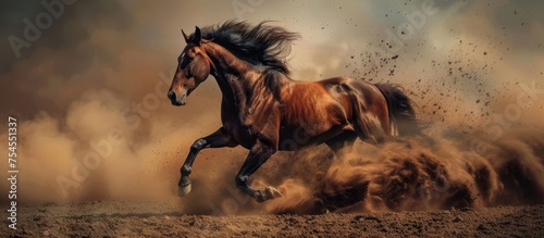 A brown horse energetically galloping in the dirt, kicking up clouds of dust behind it.