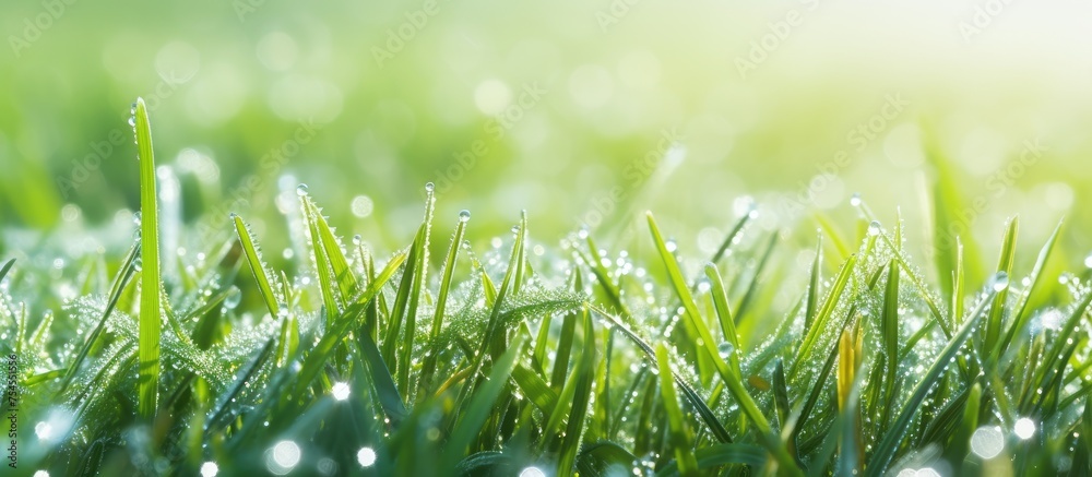 Refreshing Morning Dew on Vibrant Green Grass Field with Sparkling Water Droplets