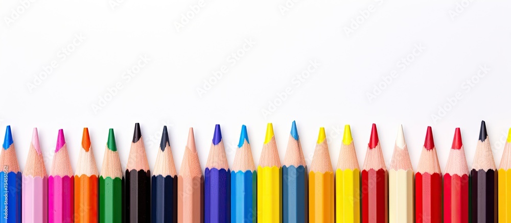 Fototapeta premium Vivid Array of Colored Pencils Aligned Neatly in a Creative Row of Multicolored Art Supplies