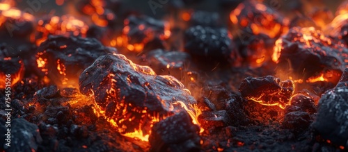 A detailed view of a cluster of coal rocks engulfed in flames, emitting heat and light. The coal is burning intensely, showcasing its combustible properties.