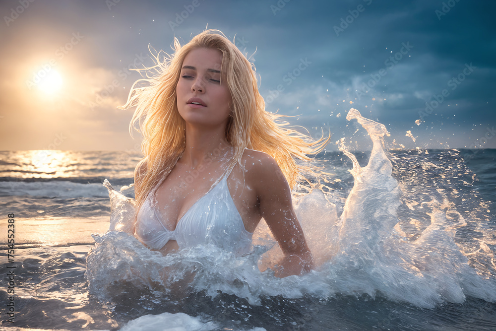 A young beautiful smiling girl in a white swimsuit with blonde hair is standing on the beach among the sea waves up to her chest in the water. The wind blows the hairstyle