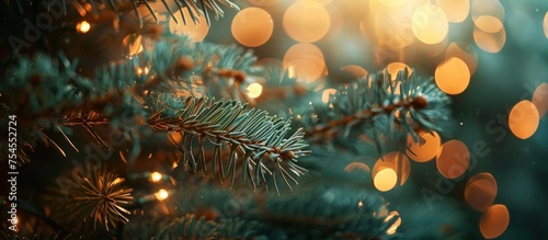 Up-close view of a Christmas pine tree adorned with glowing lights, showcasing intricate details and festive decorations.