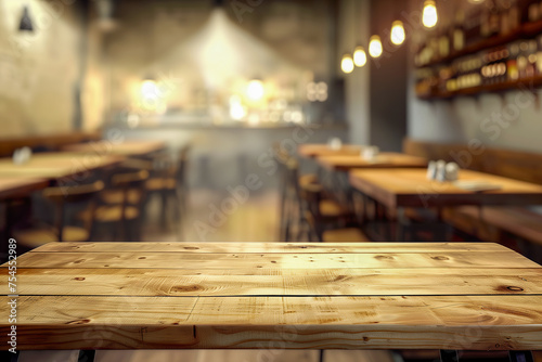 Warmly lit cafe ambiance with focus on wooden tabletop