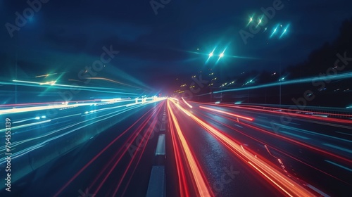 Traces of light from the lights of vehicles passing on the highway. Generate AI image