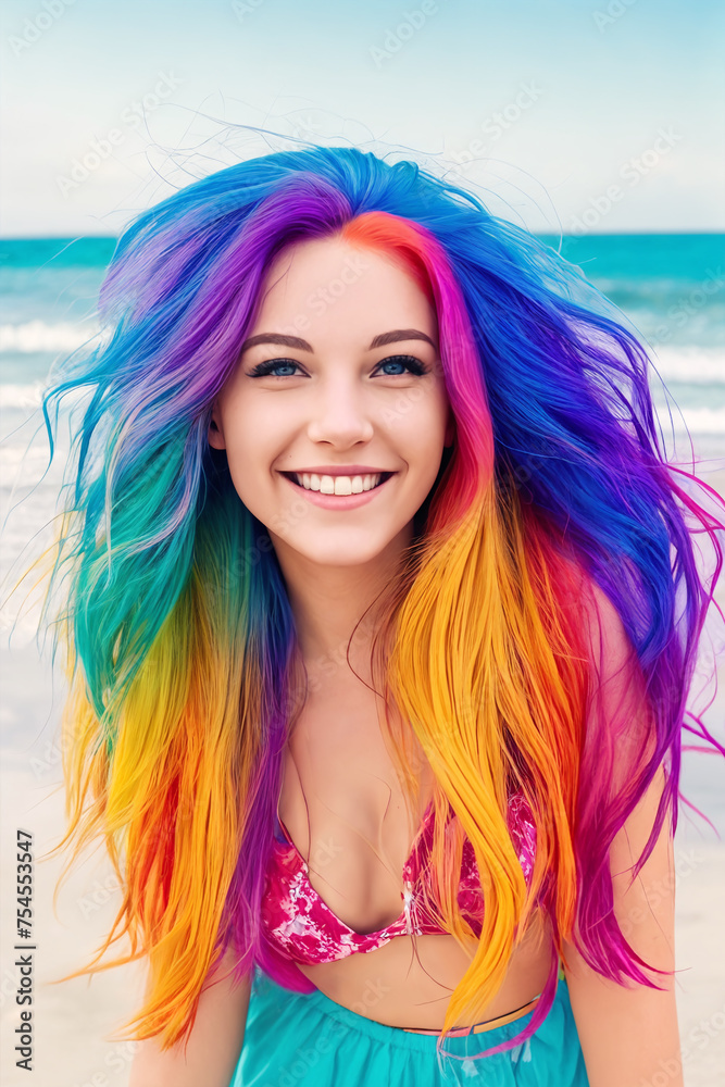 A young beautiful smiling girl in a colored swimsuit with rainbow hair stands on the sea beach against the backdrop of ocean waves. The wind blows the hairstyle A young beautiful smiling girl in a colored swimsuit with rainbow hair stands on the sea beach against the backdrop of ocean waves. The wind blows the hairstyle